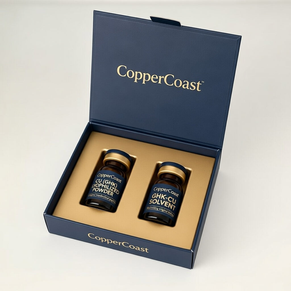 Two bottles of CopperCoast product in a branded box on a white background